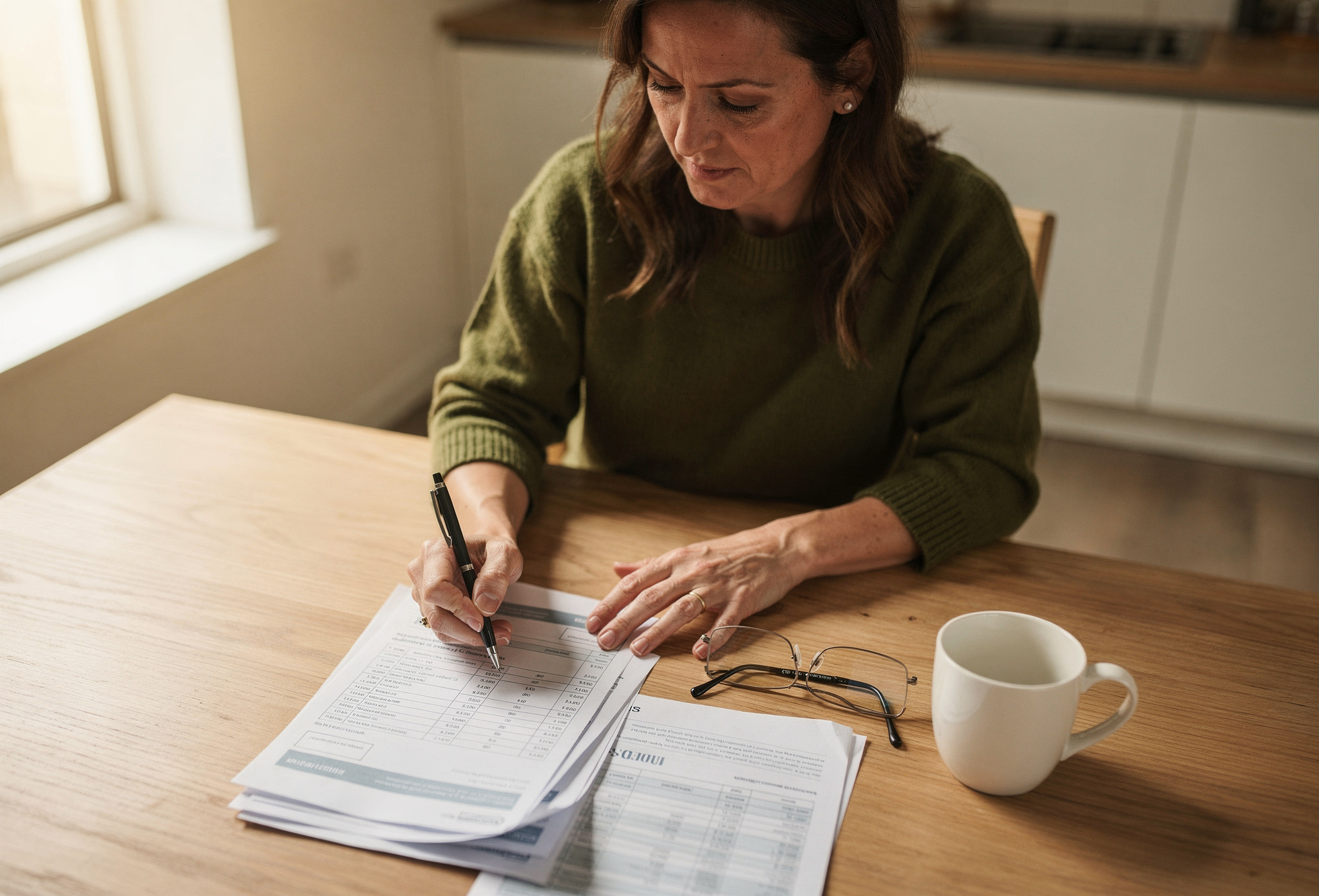 Homeowner at a kitchen table reviewing a printed solar installation quote