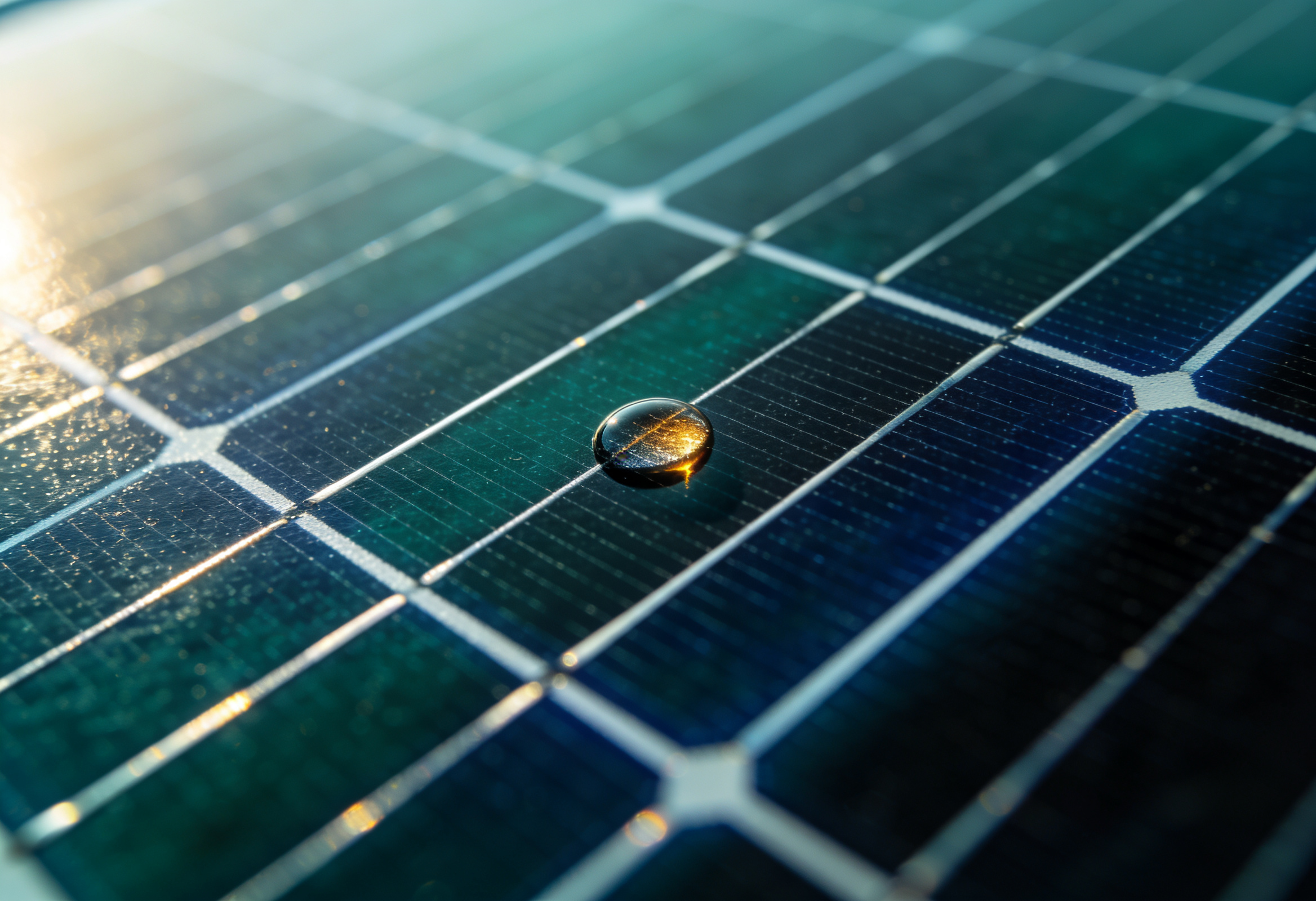 Macro close-up of monocrystalline solar cells with a single water droplet