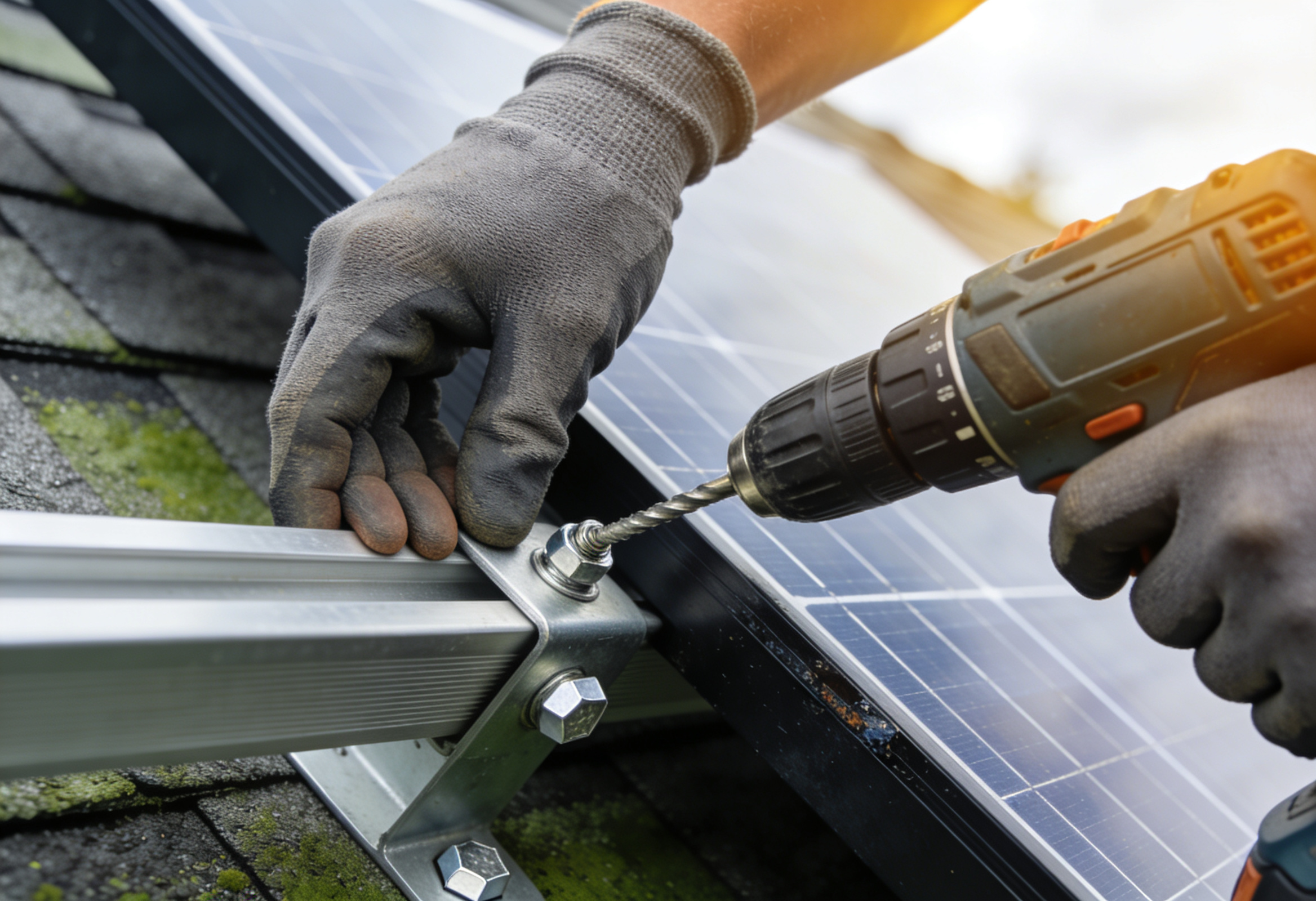Gloved installer hands bolting a solar panel to a roof mounting rail