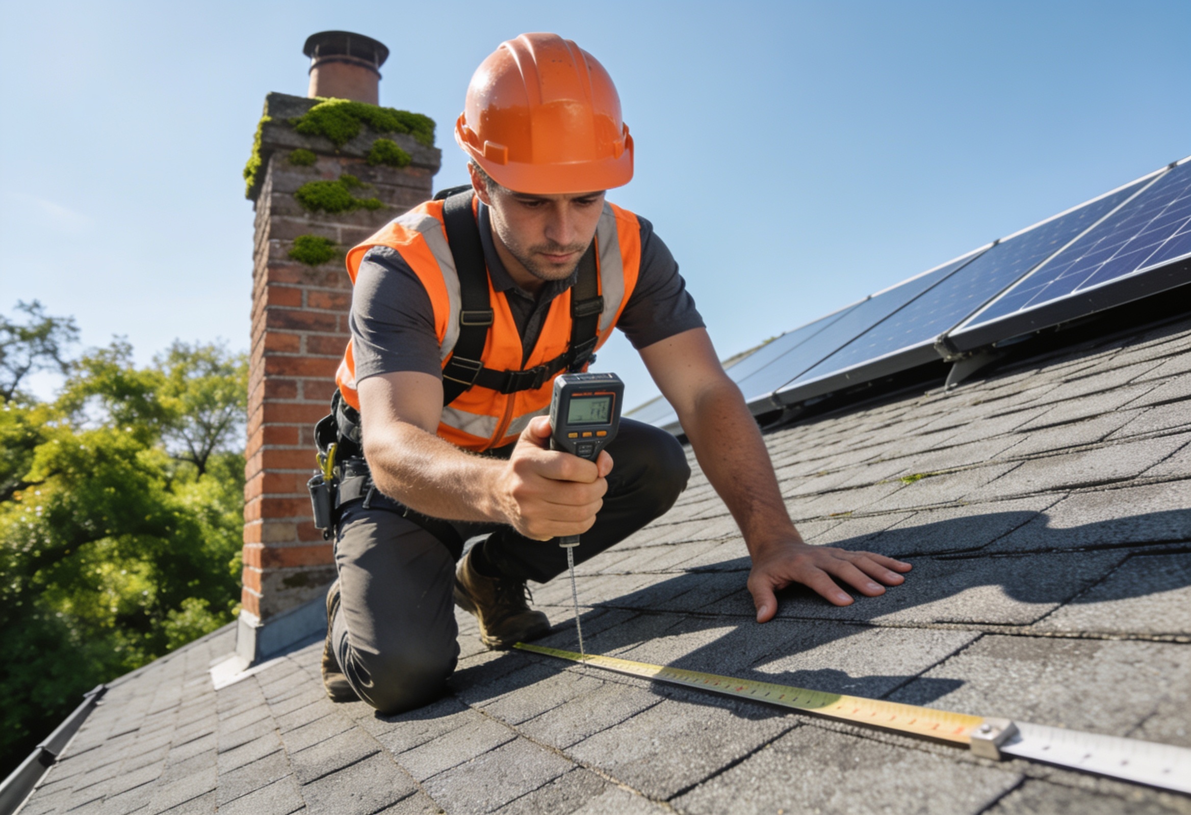 Roofing inspector measuring the pitch of a sloped shingle roof