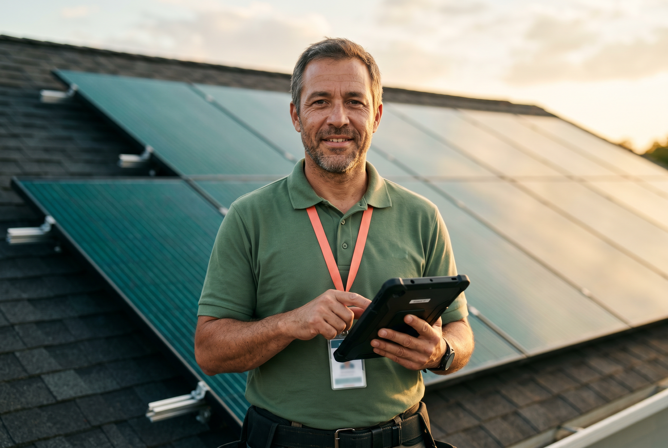 Solar technician holding a tablet in front of a rooftop installation