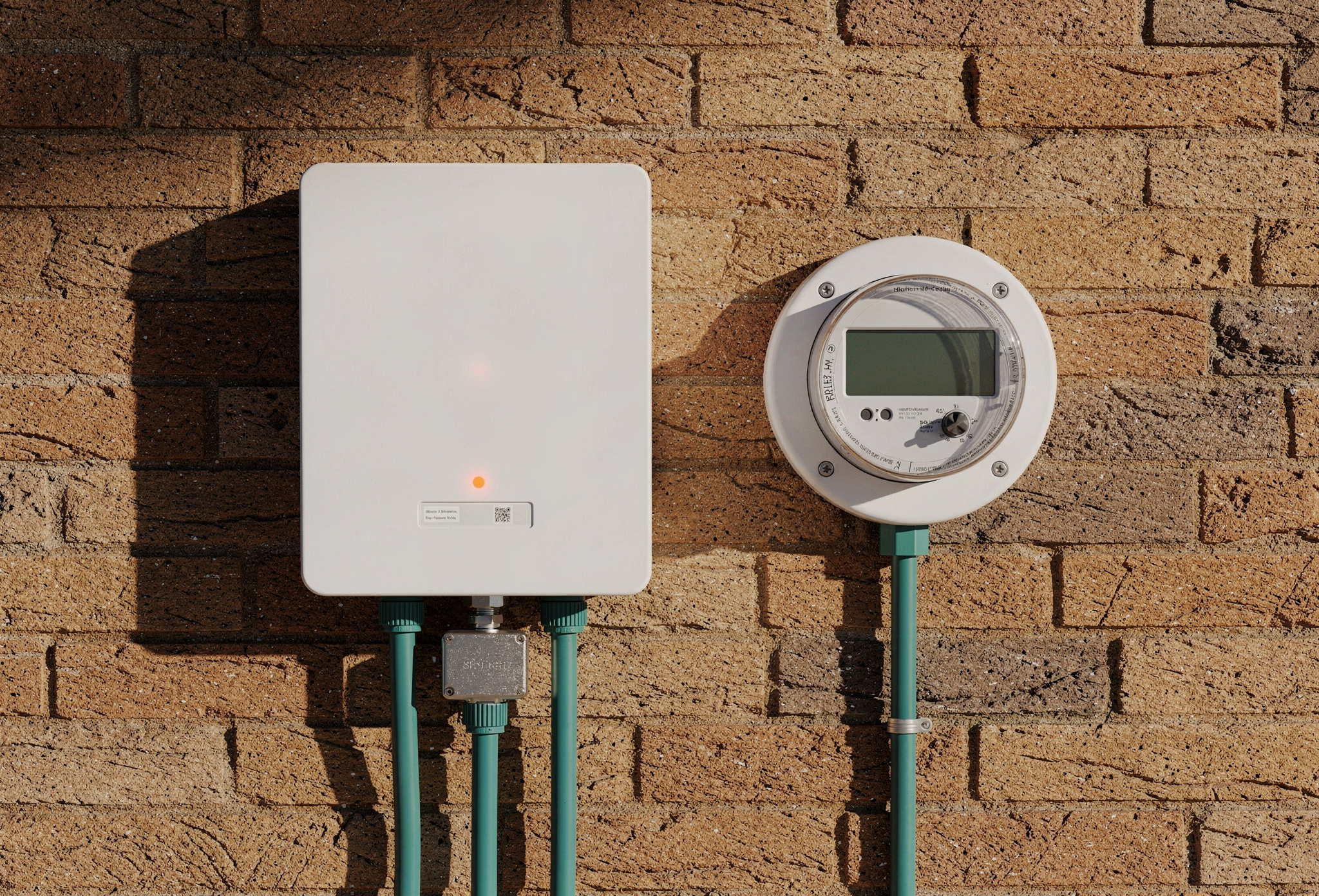 White solar inverter and electricity meter on a brick exterior wall